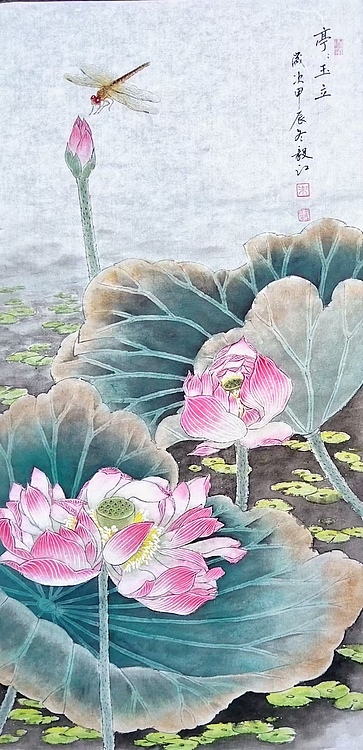 当代著名书画家 醉墨 朱毅江工笔《亭亭玉立》34*68㎝
