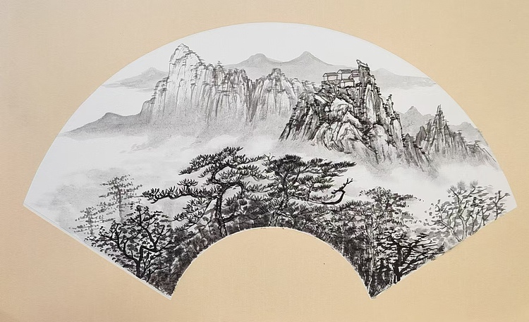 云海松涛 国画扇面山水四幅