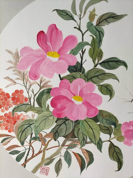 砚沐 茶花蟋蟀小品