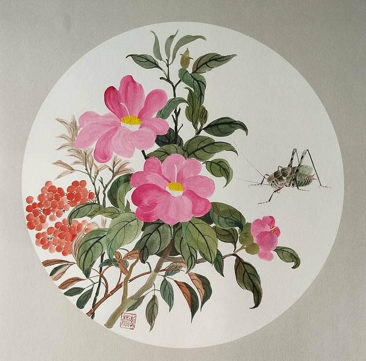 砚沐 茶花蟋蟀小品