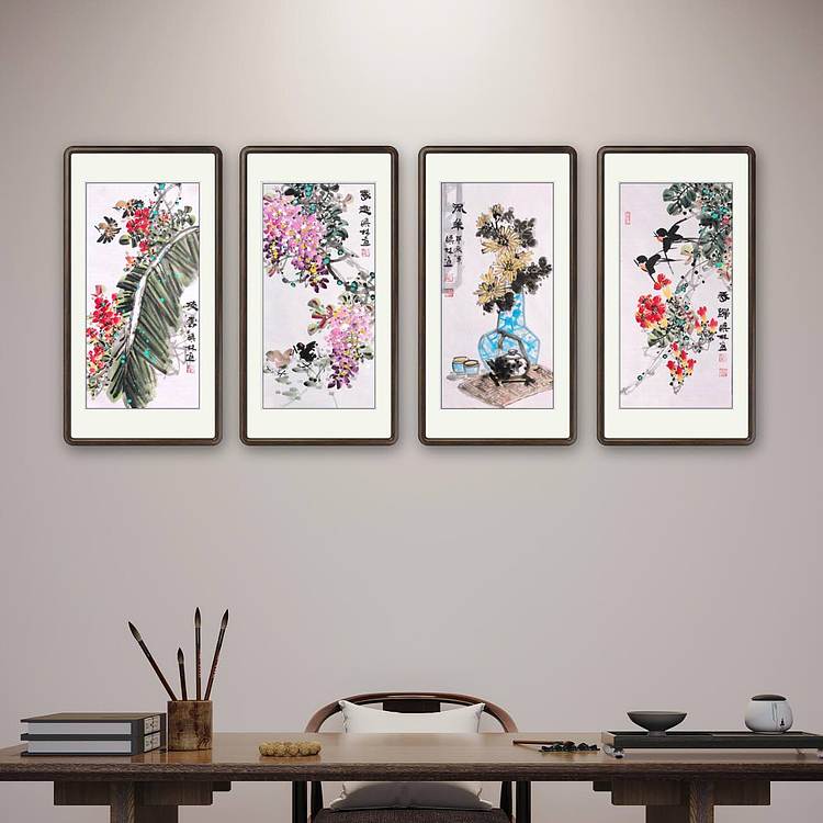 高晓林 （5042）国家一级美术师，江苏省美协会员，4条屏花鸟组图