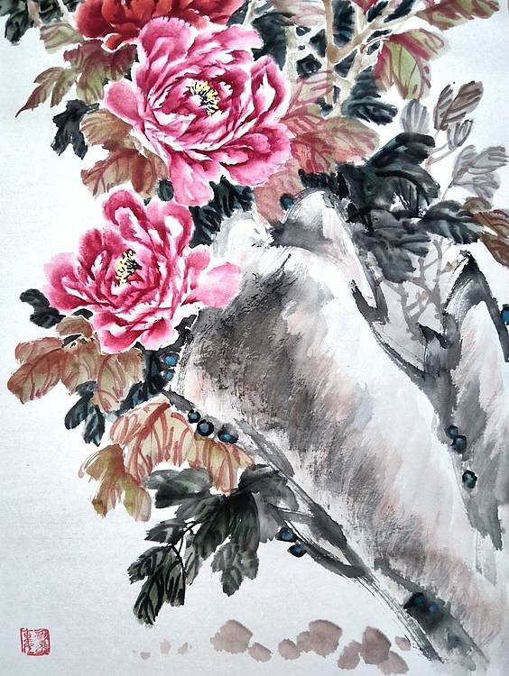 当代著名书画家 醉墨 朱毅江国画牡丹《花香情浓》85*33㎝（正月特惠）
