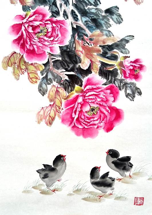 当代著名书画家 醉墨 朱毅江牡丹作品《富贵吉祥》85*33㎝