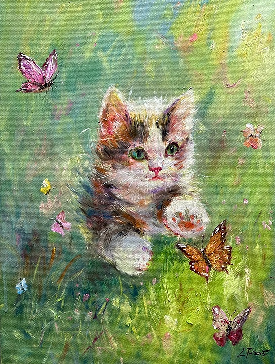 梁峰 小猫戏蝶