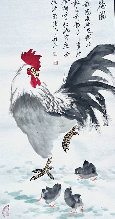 当代著名书画家 醉墨 朱毅江国画《五德图》70✕33㎝