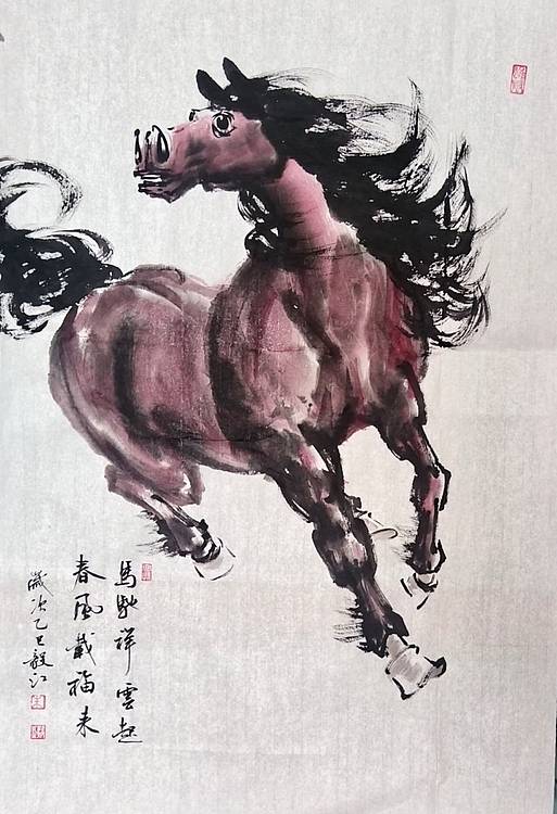 当代著名书画家 醉墨 朱毅江国画《马驰祥云起  春风载福来》68×45㎝