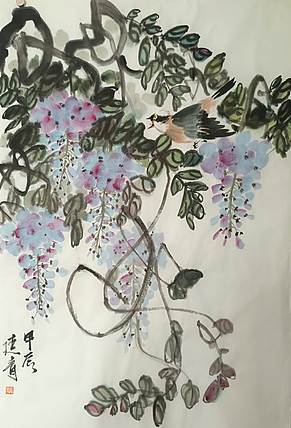 湖北美院国画系 教师，青年潜力   张廷青 《紫藤小鸟》