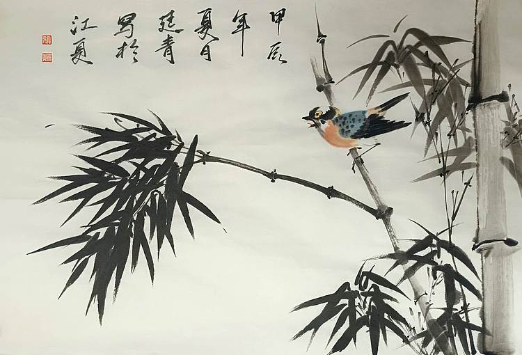 湖北美院国画系 教师，青年潜力   张廷青 《翠竹小鸟》