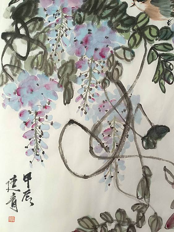 湖北美院国画系 教师，青年潜力   张廷青 《紫藤小鸟》