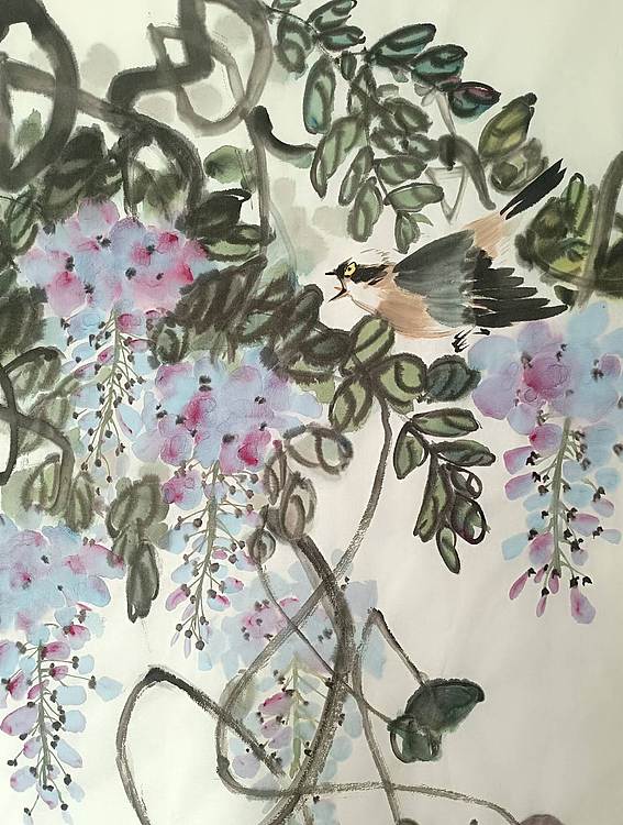湖北美院国画系 教师，青年潜力   张廷青 《紫藤小鸟》