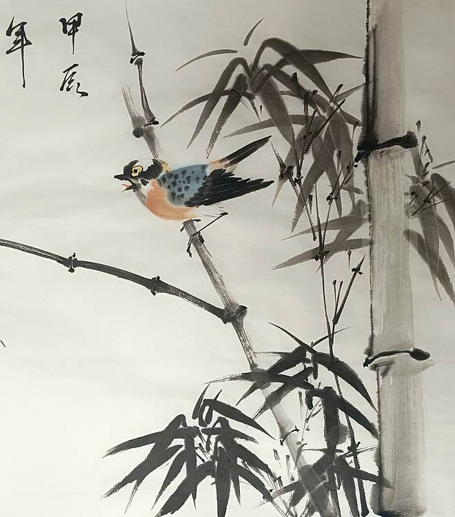 湖北美院国画系 教师，青年潜力   张廷青 《翠竹小鸟》