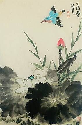 湖北美院国画系 教师，青年潜力 张廷青  荷花翠鸟