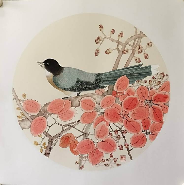 砚沐 喜鹊红叶国画