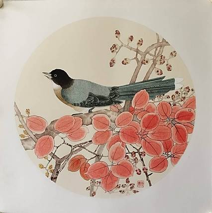 砚沐 喜鹊红叶国画