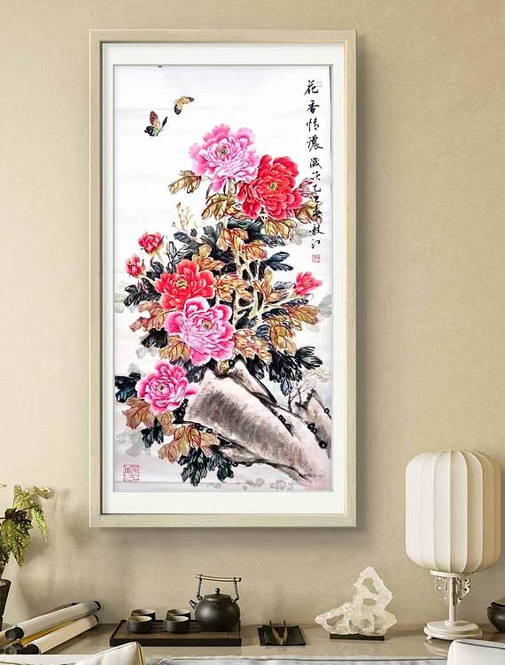 当代著名书画家 醉墨 朱毅江国画牡丹《花香情浓》140×68㎝