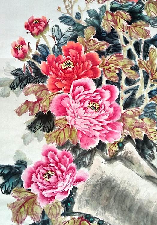 当代著名书画家 醉墨 朱毅江国画牡丹《花香情浓》140×68㎝