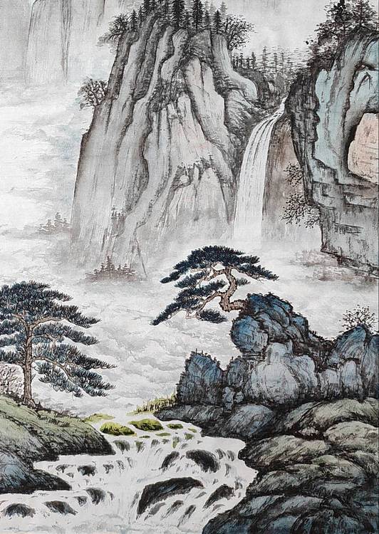 云海松涛 山水画 松山飞瀑图