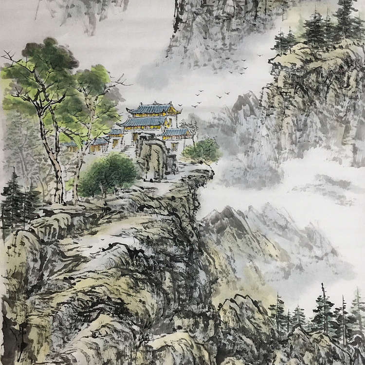 郭二林 四尺竖幅 古寺 中国电视大学老师