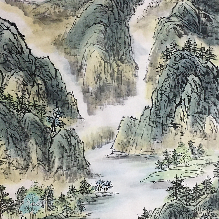 郭二林 四尺竖幅 青山碧水 中国电视大学老师