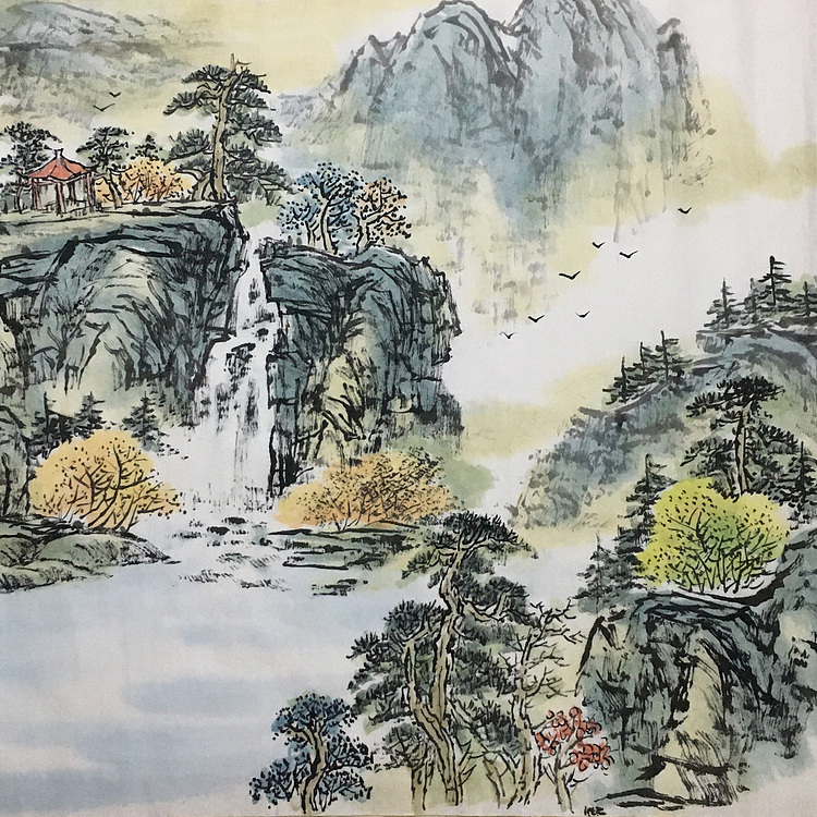 郭二林 四尺横幅 万里云中一小亭 中国电视大学老师