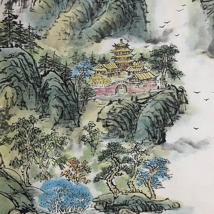 郭二林 四尺竖幅 山中古寺 中国电视大学老师