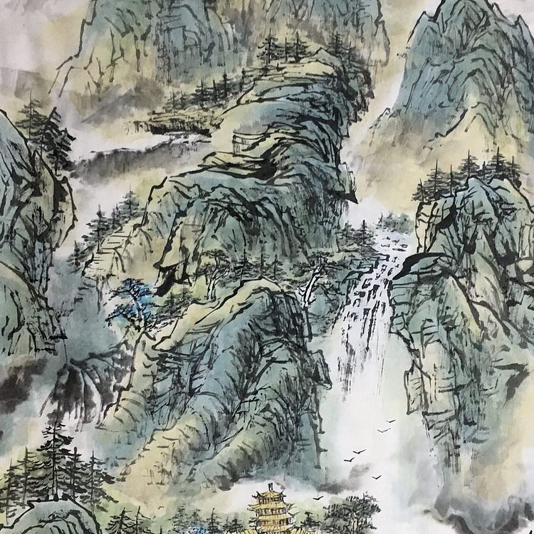郭二林 四尺竖幅 山中古寺 中国电视大学老师