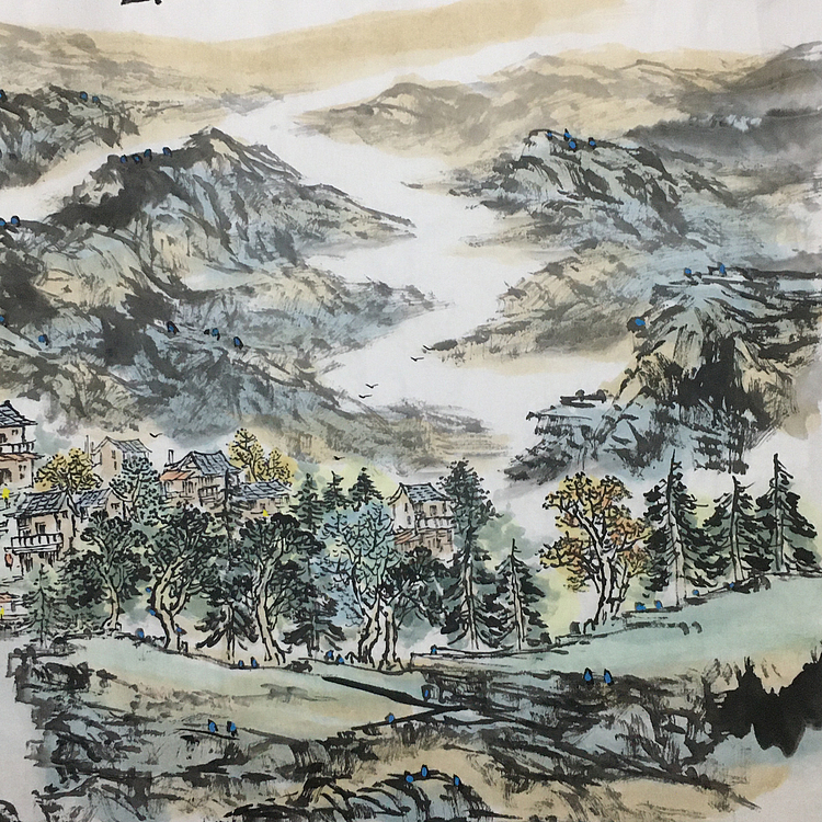 郭二林 四尺横幅 山城小镇 中国电视大学老师