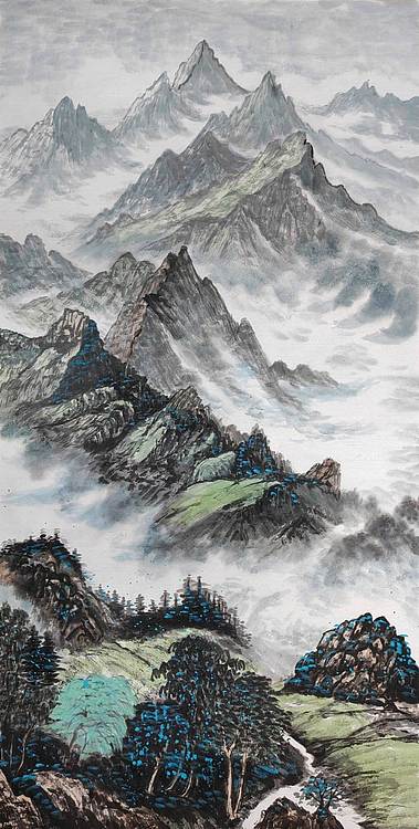 云海松涛 山水四连幅