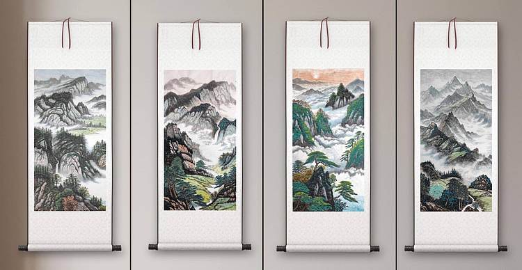 云海松涛 山水四连幅
