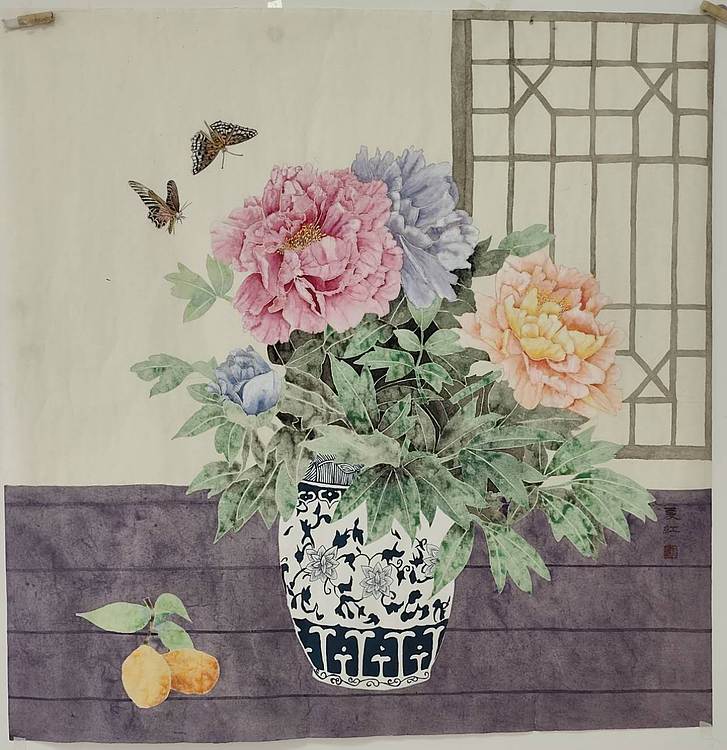 亓夏红 没骨牡丹与青花瓷
