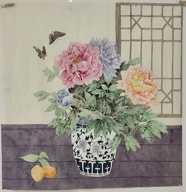 亓夏红 没骨牡丹与青花瓷