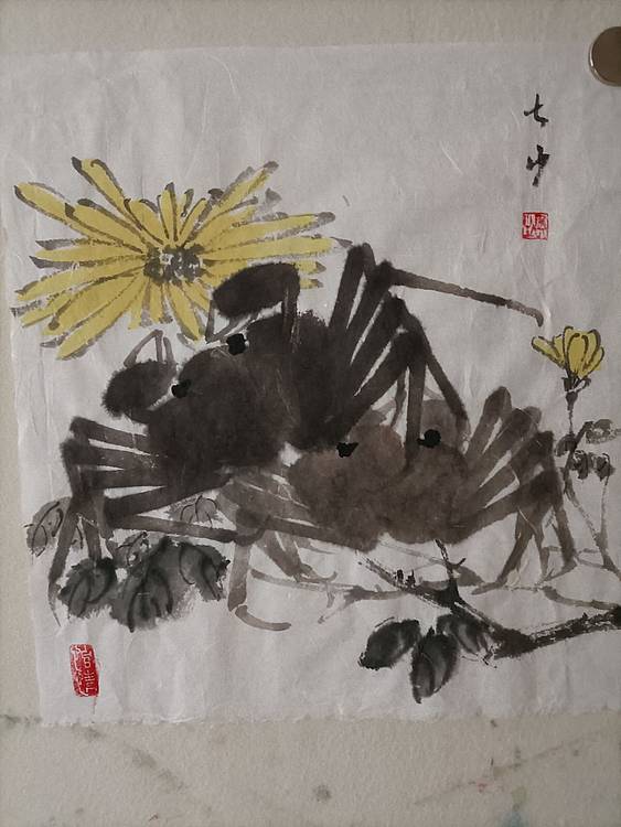 青年书画家 七汐 蟹菊图(赠葡萄小品一幅)