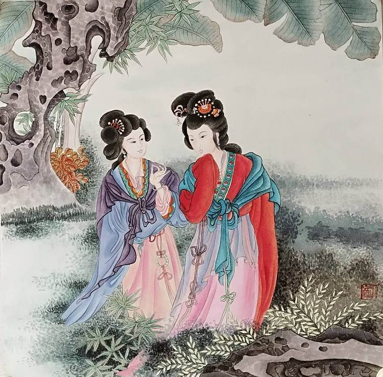 砚沐 蕉庭漫步美人图湖北美术学院艺术硕士李林作品