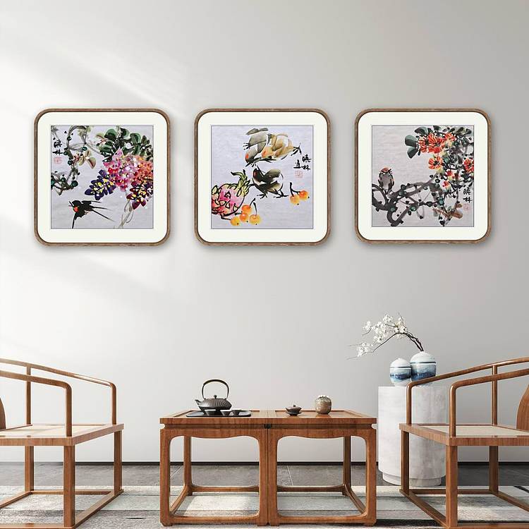 高晓林 （5364）三联方《花鸟小品》​尺寸：35X35cmX3幅