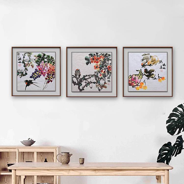 高晓林 （5364）三联方《花鸟小品》​尺寸：35X35cmX3幅