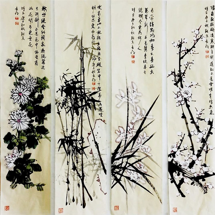 王长纯，国家一级美术师  兰梅竹菊 四条屏