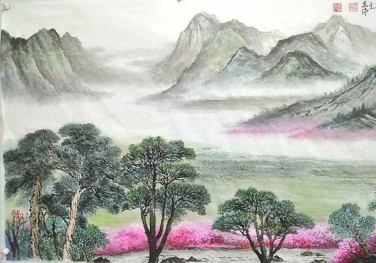 职业书画家 于恩沛 李白诗意山水《桃花流水窅然去别有天地非人间》