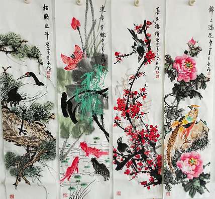 王长纯，国家一级美术师 兰梅竹菊 四条屏