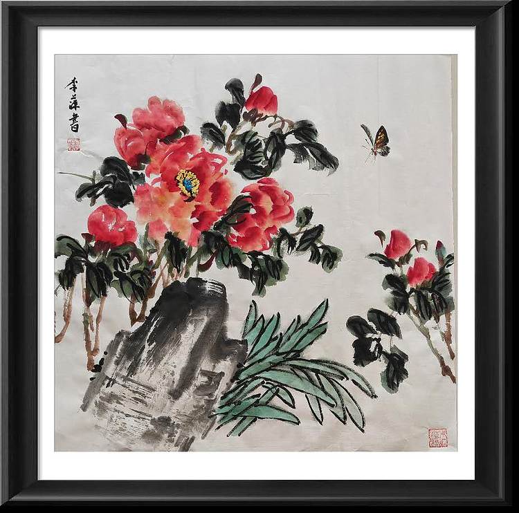 兰花 斗方牡丹图