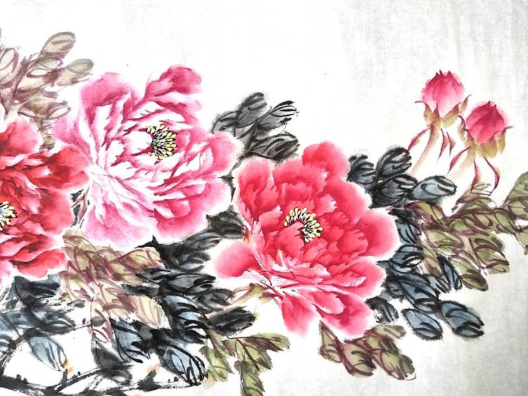 当代著名书画家 醉墨 朱毅江国画牡丹《花香情浓》100✕50厘米