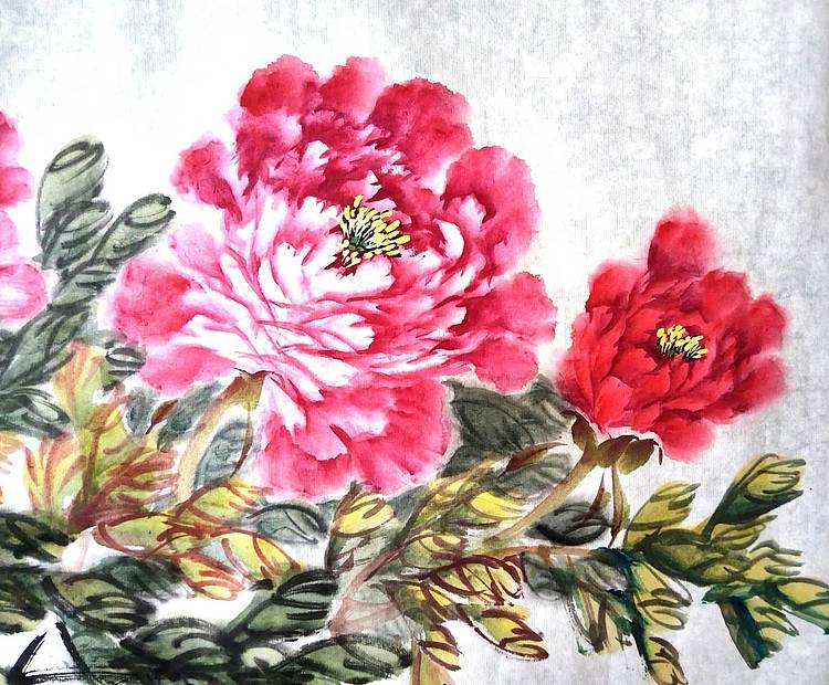 当代著名书画家 醉墨 朱毅江国画牡丹《花香情浓》100✕50厘米