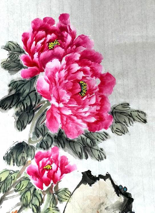 当代著名书画家 醉墨 朱毅江国画牡丹《富贵吉祥》34✕68厘米