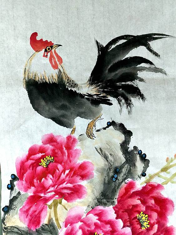 当代著名书画家 醉墨 朱毅江国画牡丹《富贵吉祥》34✕68厘米