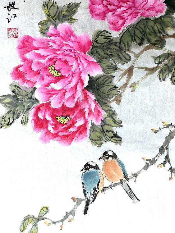 当代著名书画家 醉墨 朱毅江国画牡丹《富贵白头》34✕68厘米