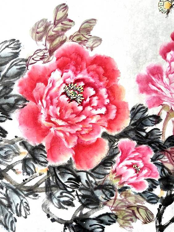 当代著名书画家 醉墨 朱毅江国画牡丹《花香情浓》100✕50厘米