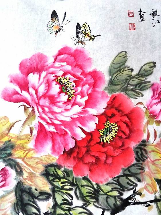 当代著名书画家 醉墨 朱毅江国画牡丹《花香情浓》100✕50厘米