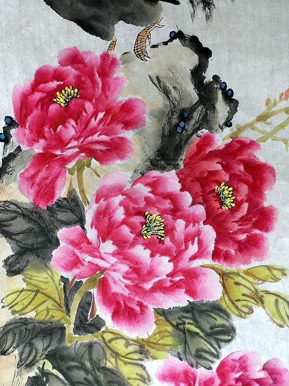 当代著名书画家 醉墨 朱毅江国画牡丹《富贵吉祥》34✕68厘米