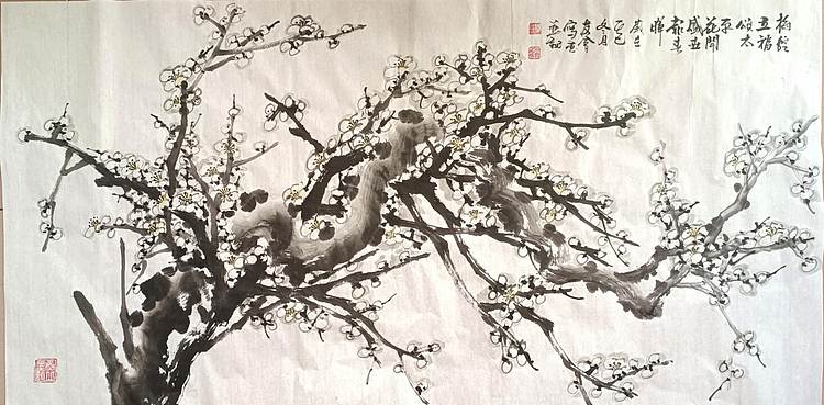 山东省美协会员 闫友会 梅绽五福颂太平