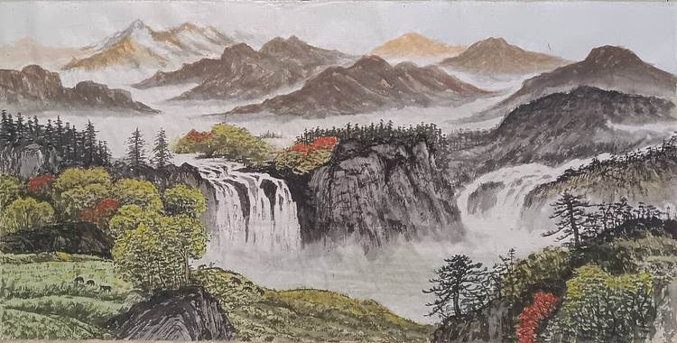 云海松涛 国画山水  秋山飞瀑图