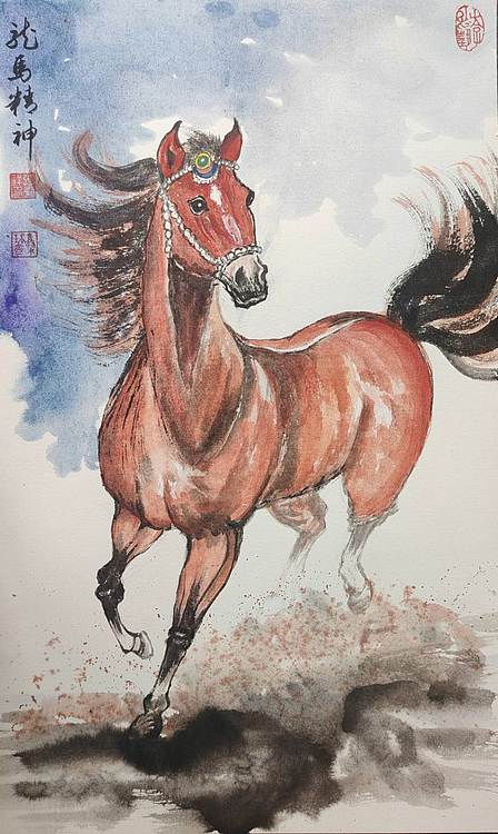 云海松涛 奔马图四连幅